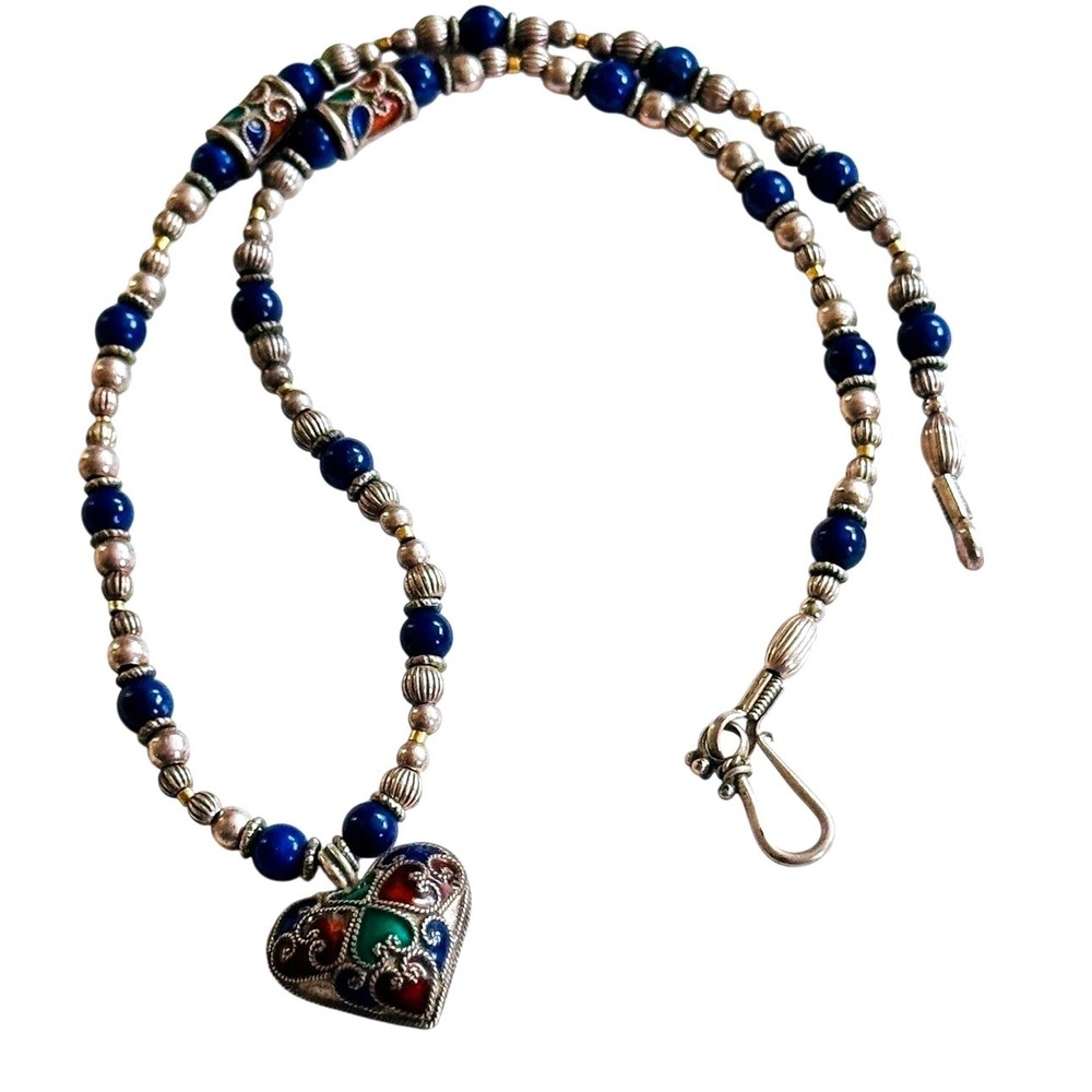 VTG Chinese Heart Cloisonné Blue necklace Silver Lapis Lazuli Beaded China 16"L